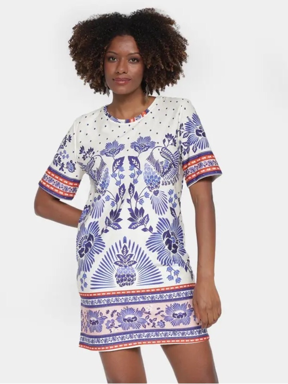 FARM Rio Cream Dress with Bold Blue Floral & Red Trim